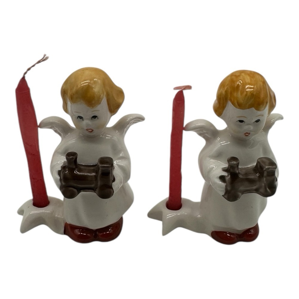 Pair of Vintage Goebel Christmas Candle Holders Angel w/‎ Toy Train 2.5" Tall #2